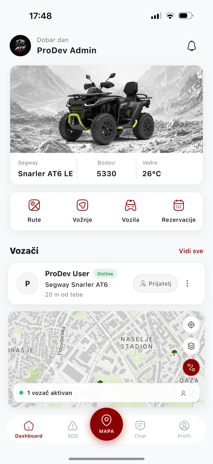 ATV Crew aplikacija: dashboard sa vozilom, rutama i mapom